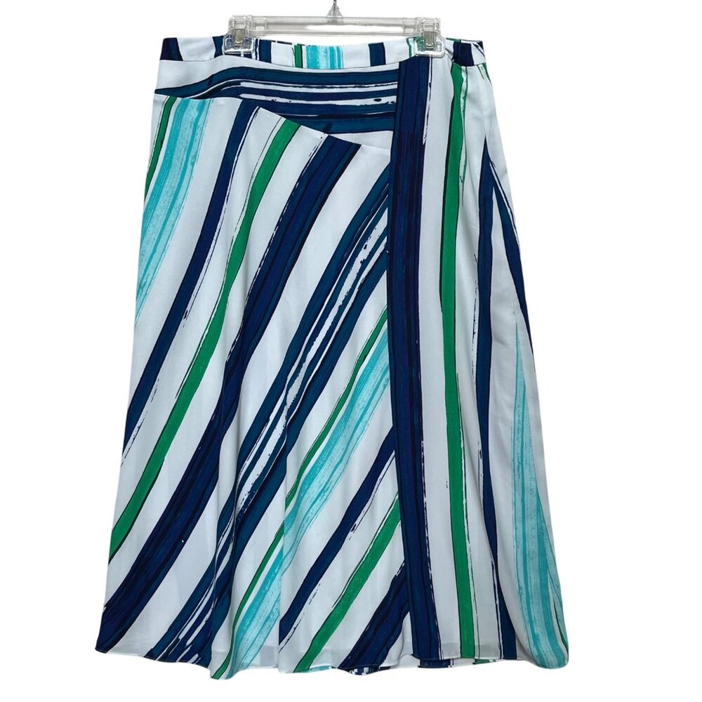 Chaus Striped A-Line Skirt Diagonal Stripe Size‎ 14 Blue Green White Tropical